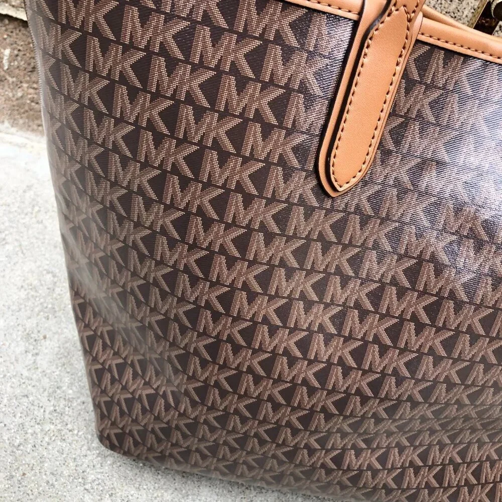 MICHAEL KORS Eliza All Over Tote Bag Purse Monogram Shoulder Bag Brown East West